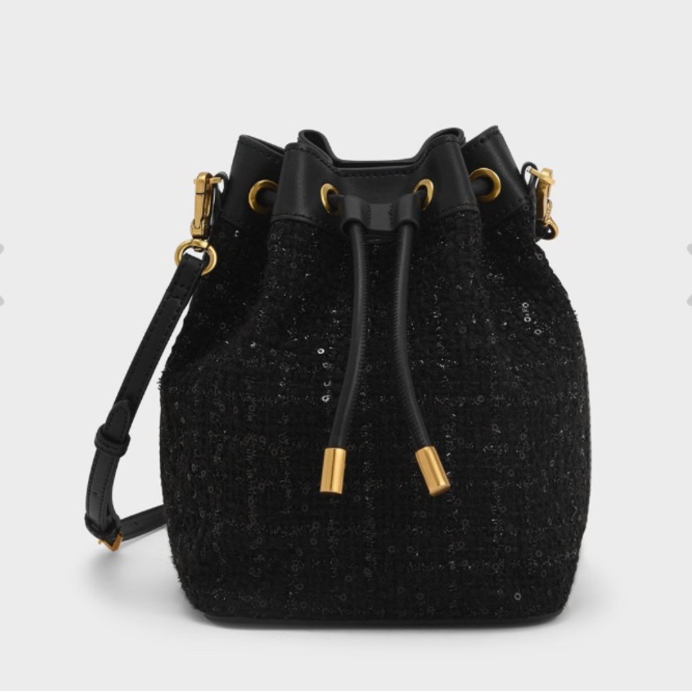 Woven Handle Tweed Bucket Bag